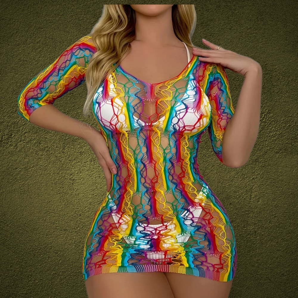 Iridescent Beach Halter Sexy Bodysuit, Skimpy Off-Shoulder Mesh Sheer Jumpsuit.
